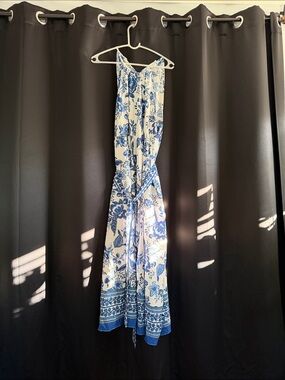 SHEIN Blue and White Floral Tie-Waist Maxi Dress